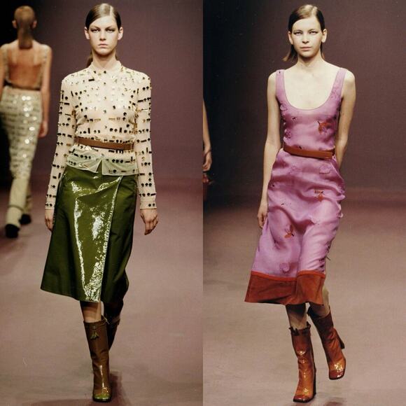 Prada Fall/Winter 1999 Green & Brown Leather Mid-Calf Block Heel Boots IT 37 - Picture 4 of 15